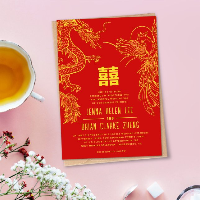 Convites Dragão e Fênix Dupla Felicidade Dourado+Vermelho (Criador carregado)