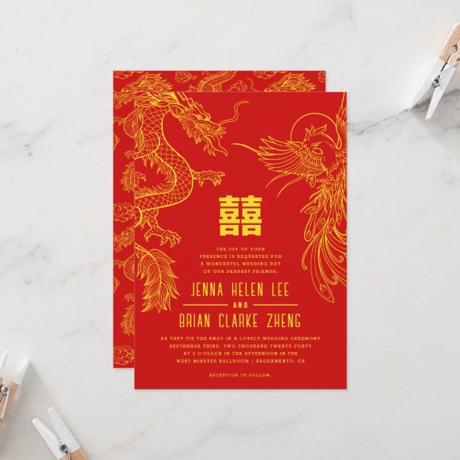 Convites Dragão e Phoenix Dupla Felicidade | Padrão traseir (Frente/Verso In Situ)