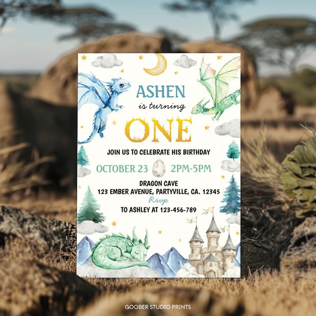 Convites Dragão em Aquarela Fofo Aniversário de 1 Ano (Criador carregado)