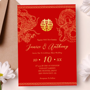 Convites Dragão fênix de ouro vermelho casamento chinês