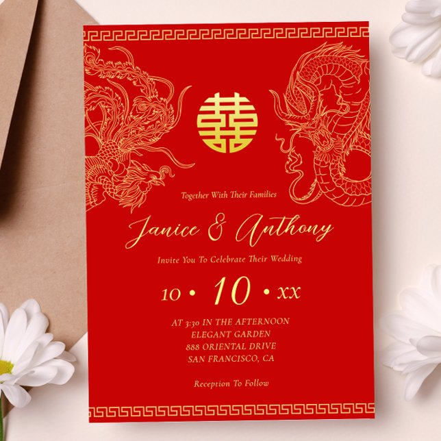 Convites Dragão fênix de ouro vermelho casamento chinês  (Criador carregado)