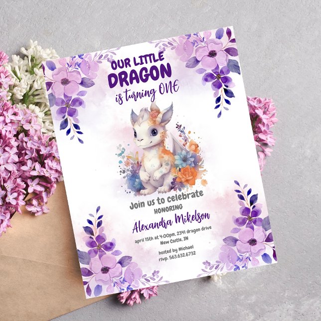 Convites Dragão primeiro aniversario de Cor d'água roxa (Create Magic with Cute Watercolor Dragon Baby 1st Birthday Invitation )