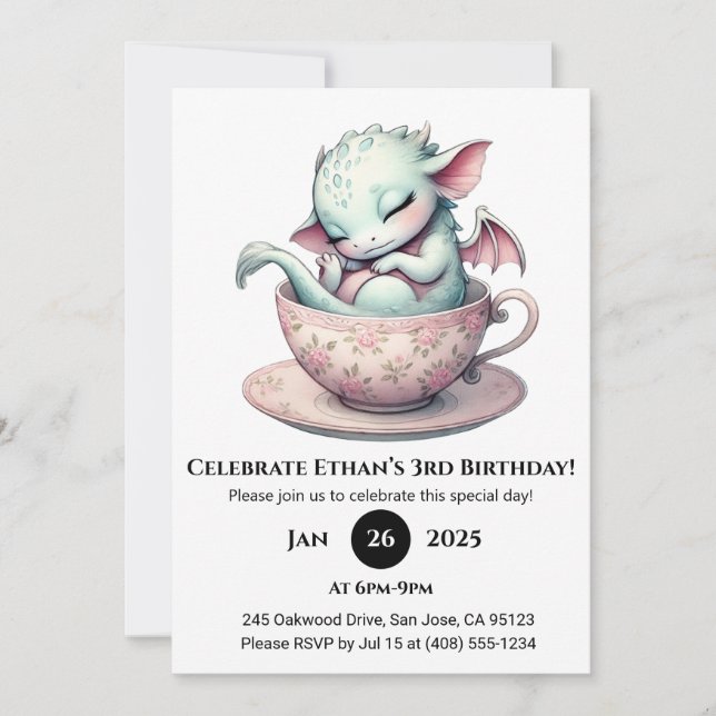 Convites Dragãozinho Aconchegante em Xícara de Chá Floral d (Frente)