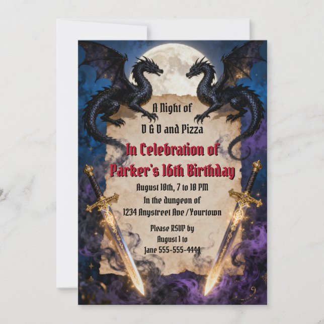 Convites Dragões Negros e Espadas Mágicas Aniversário de Ad (Frente)