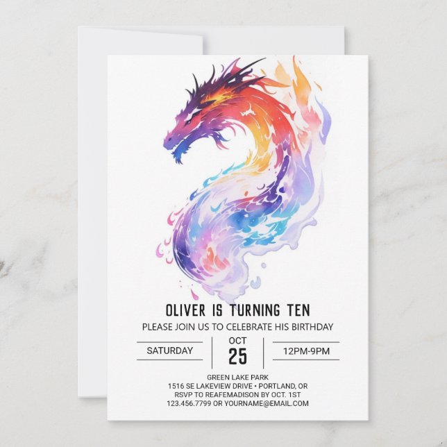 Convites Dragon Adventure Watercolor Aniversário (Frente)