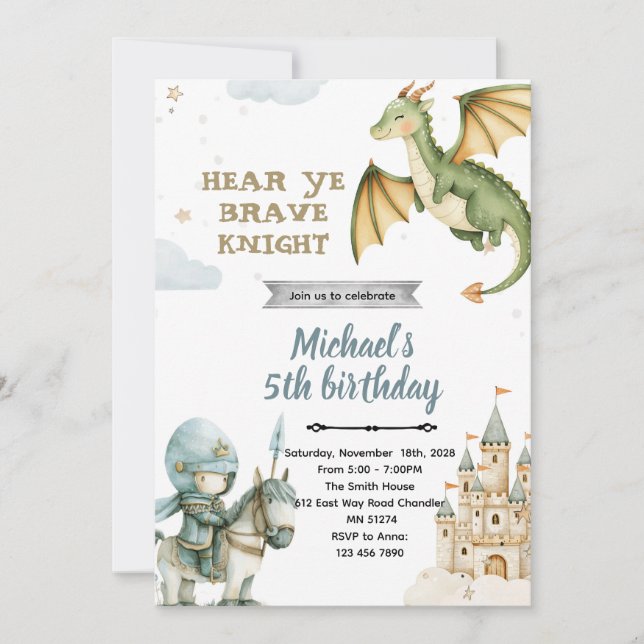 Convites Dragon and Knight Birthday Party Invitation (Frente)