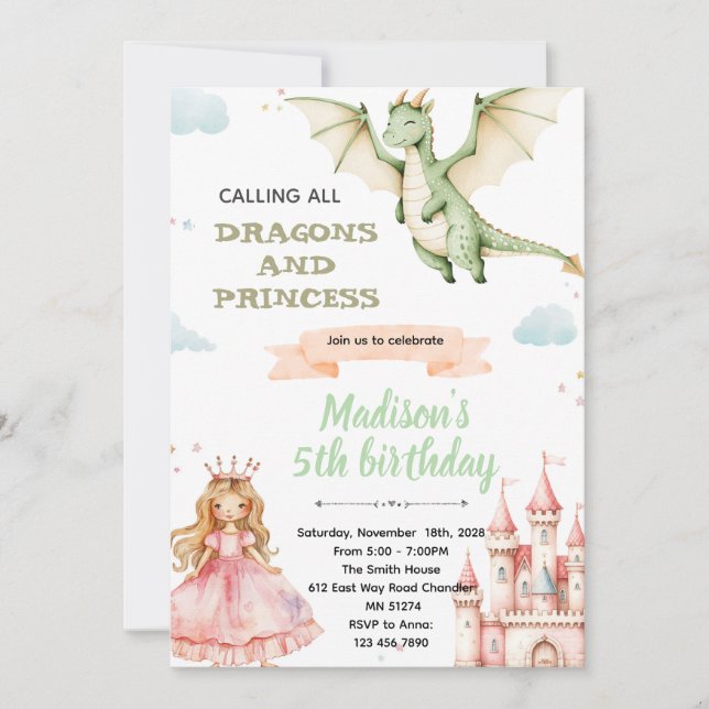 Convites Dragon and princess Birthday Party Invitation (Frente)