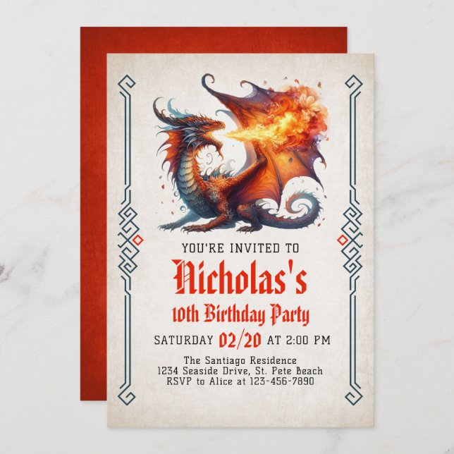 Convites Dragon Fire Fantasy Aniversário (Frente/Verso)