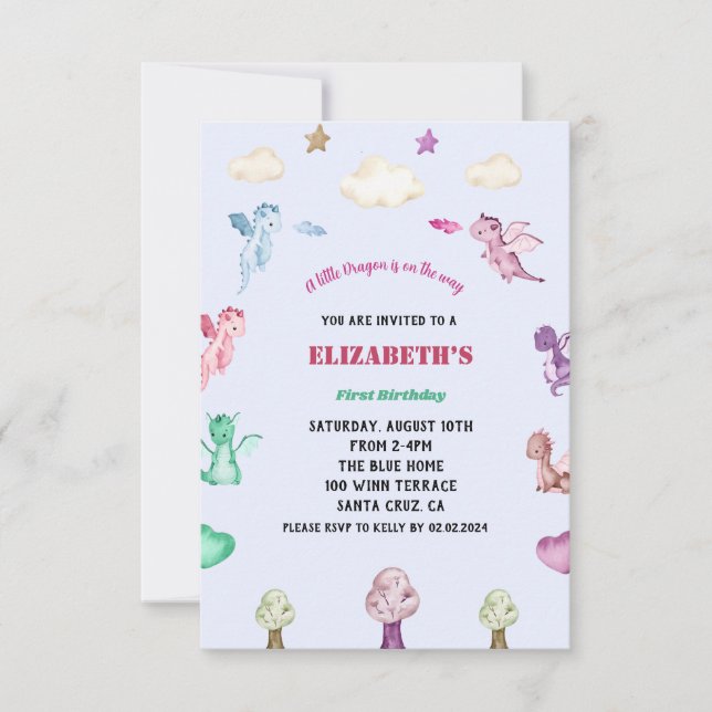 Convites Dragon Watercolor Girl Birthday (Frente)