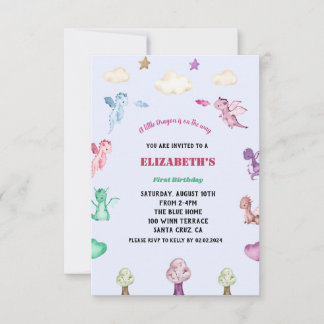Convites Dragon Watercolor Girl Birthday