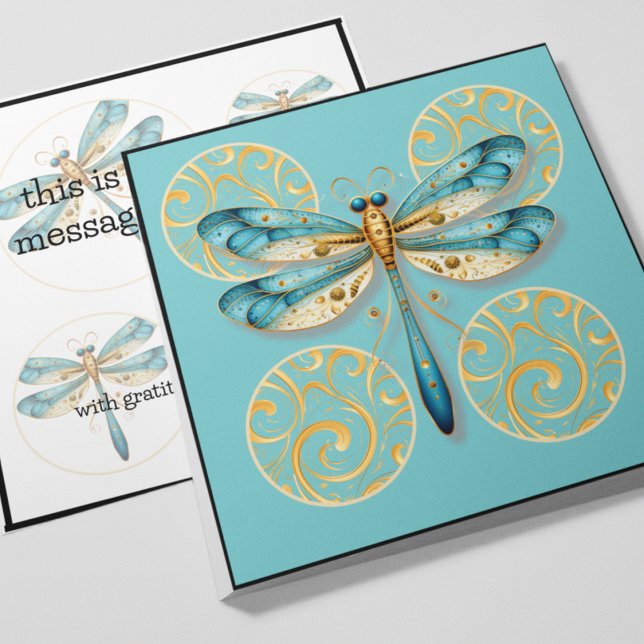 Convites Dragonfly azul e Dourada com borda (Aqua and gold dragonfly customizable greeting card with gold accents and circles. )