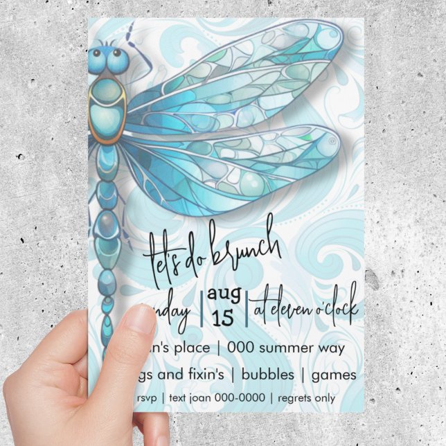 Convites Dragonfly Azul | Picos Azuis de Aqua | Programa Na (Blue dragonfly customizable brunch or birthday invitation with aqua swirls. )