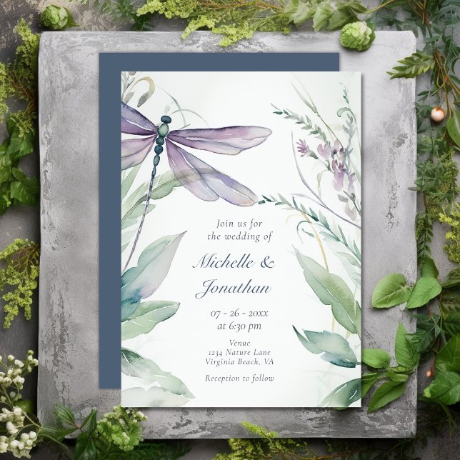 Convites Dragonfly bonito e Casamento Verde (Pretty Watercolor Dragonfly and Greenery Wedding Invitation)