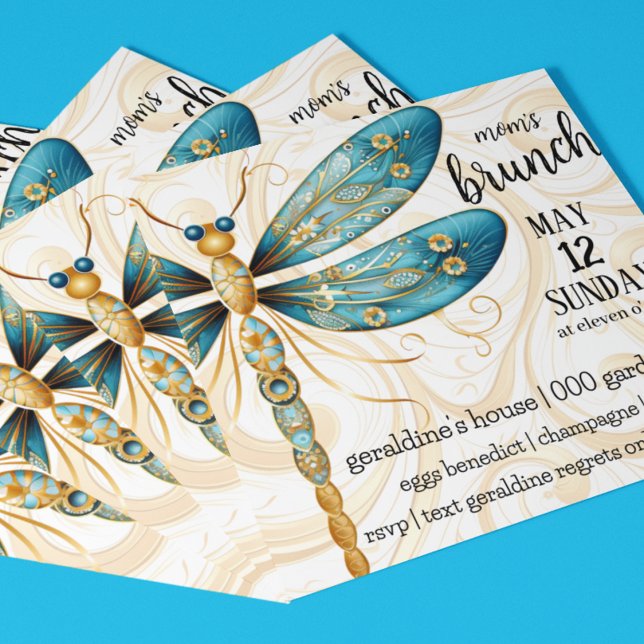 Convites Dragonfly Dia de as mães Brunch (Dragonfly in aqua and gold Mother's Day Brunch customizable invitation you can also download. )