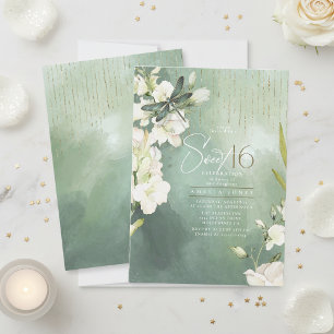 Convites Dragonfly Floral Sweet 16 Sage Verde ID1310