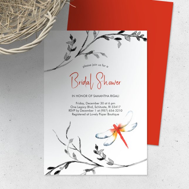 Convites Dragonfly Vermelha Elegante Chá de panela (Bridal shower invitation watercolor red dragonfly art by Victoria Grigaliunas of Do Tell A Belle)