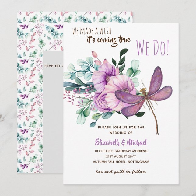 Convites Dragonfly Watercolor Floral WedBudget (Frente/Verso)