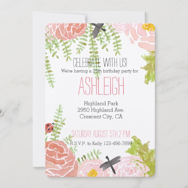 Convites Dragonlies Rosa Watercolor Garden (Frente)