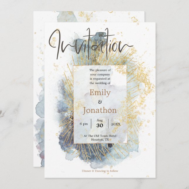 Convites Dramatic Blue Ombre Watercolor Lines Casamento (Frente/Verso)