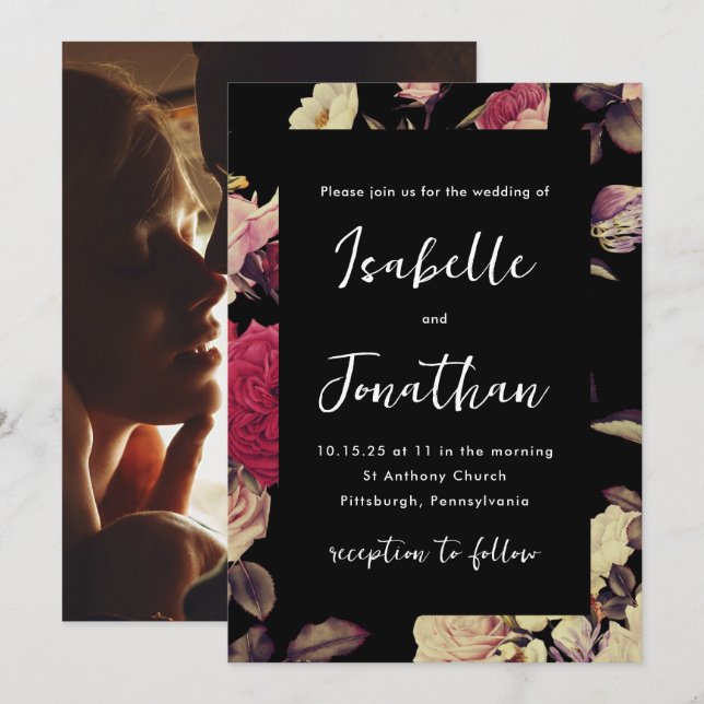 Convites Dramatic Moody Floral Photo Wedding Black (Frente/Verso)