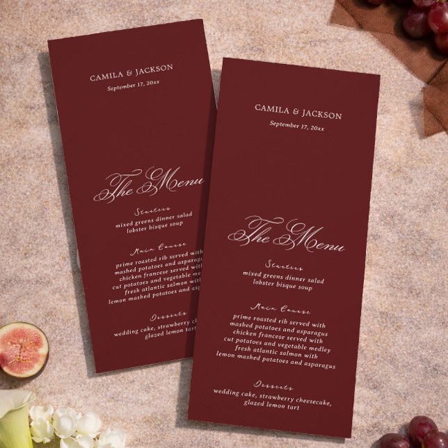Convites Dramatic Opera Burgundy Wedding Menu Card (Criador carregado)