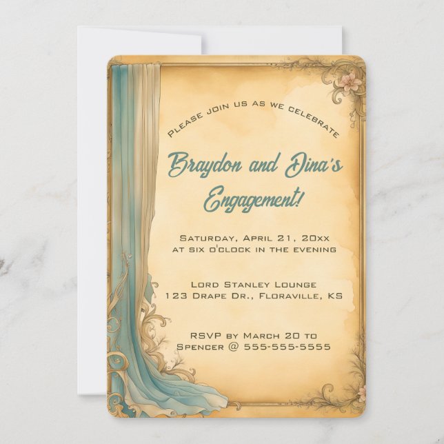 Convites Drapeado Azul e Flores Editáveis (Frente)