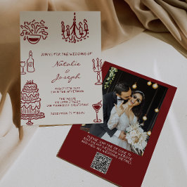 Convites Drawn Burgundy Whimsical Photo QR Code Wedding