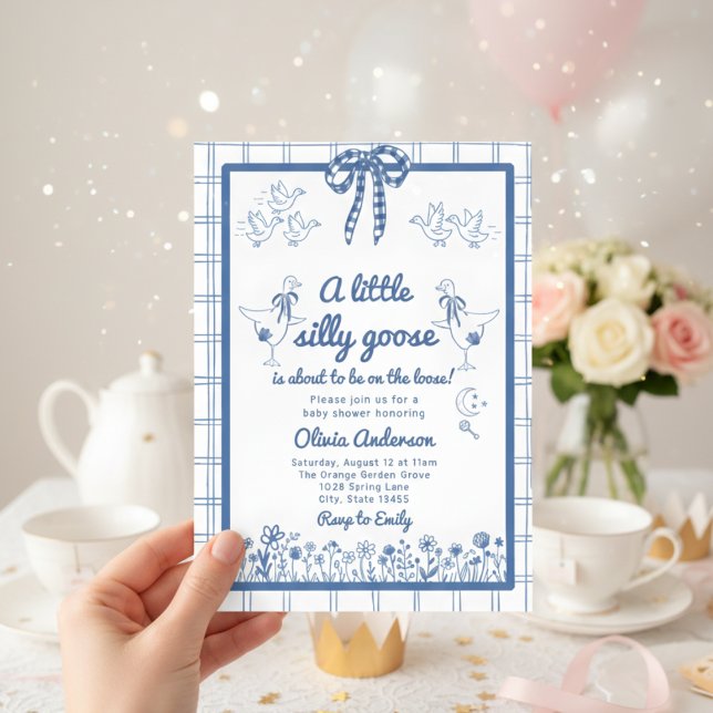 Convites Drawn Silly Goose blue Gingham Ribbon Baby Shower (Criador carregado)