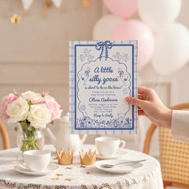 Convites Drawn Silly Goose blue Gingham Ribbon Baby Shower (Criador carregado)