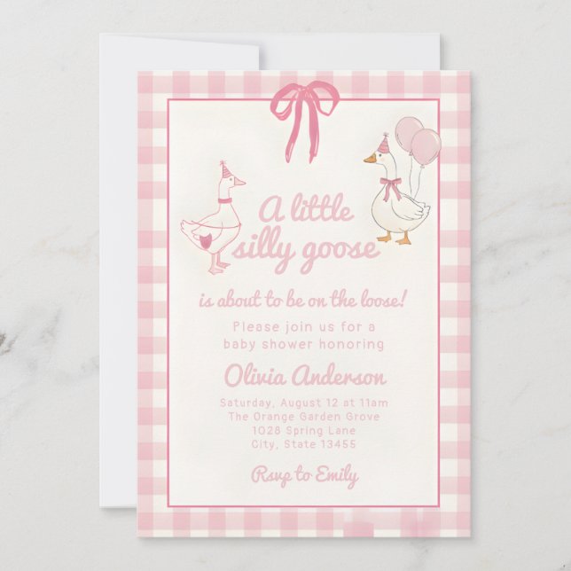 Convites Drawn Silly Goose pink Gingham Ribbon Baby Shower (Frente)