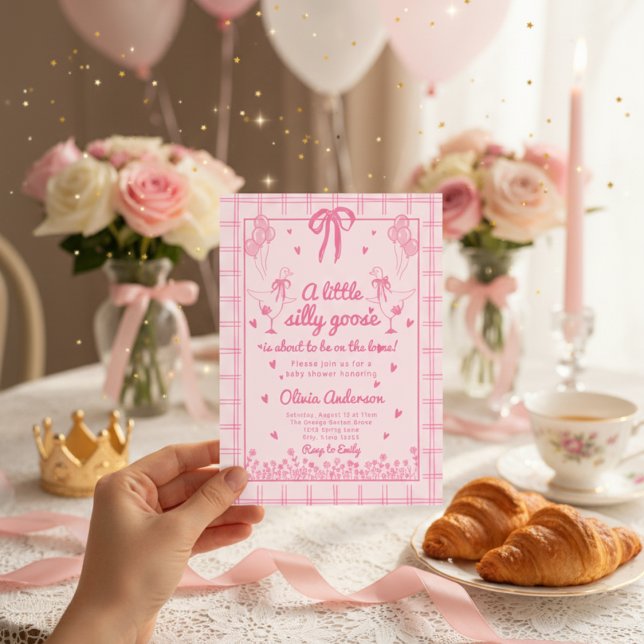 Convites Drawn Silly Goose pink Gingham Ribbon Baby Shower (Criador carregado)
