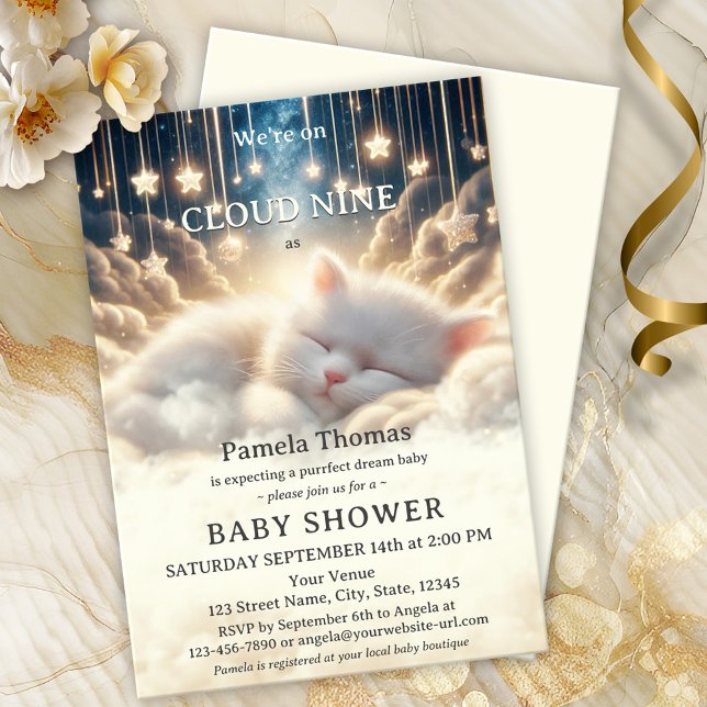 Convites Dream Baby Cloud Nine Chá de fraldas (An adorable baby shower invitation featuring a kitten sleeping on cloud nine with twinkling stars)