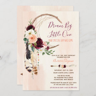 Convites Dream Big Peach & Burgundy Boho Primeiro Aniversár