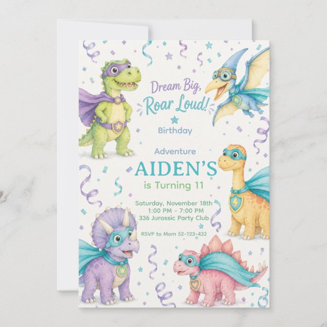 Convites Dream Big Roar Loud Dinosaur Birthday Watercolor (Frente)