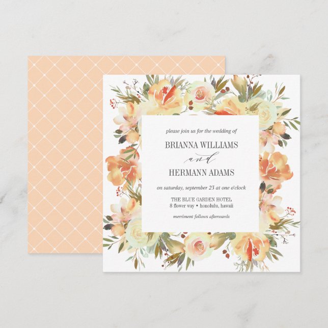 Convites Dream Peach | Casamento de Diamante Floral de Prim (Frente/Verso)