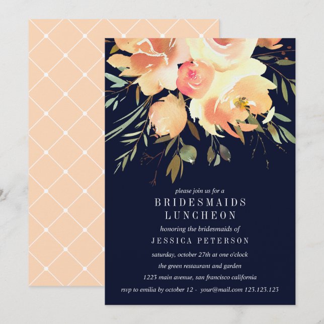 Convites Dream Peach e Marinho Bridesmaids Casamento Lunche (Frente/Verso)