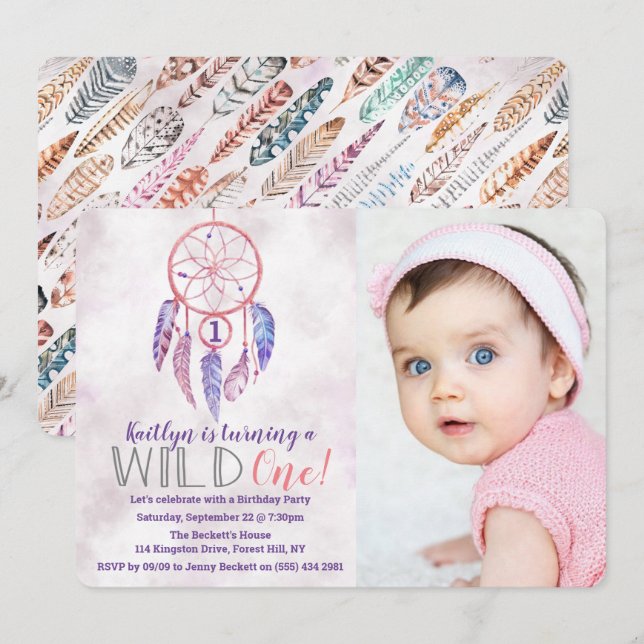 Convites Dreamcatcher Wild One Photo Birthday Invtions (Frente/Verso)
