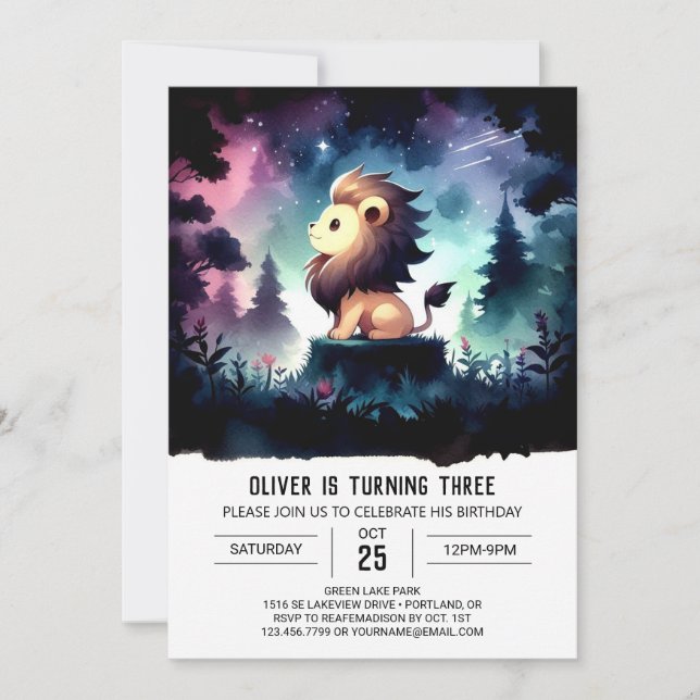 Convites Dreamcolor Watercolor Lion Birthday (Frente)