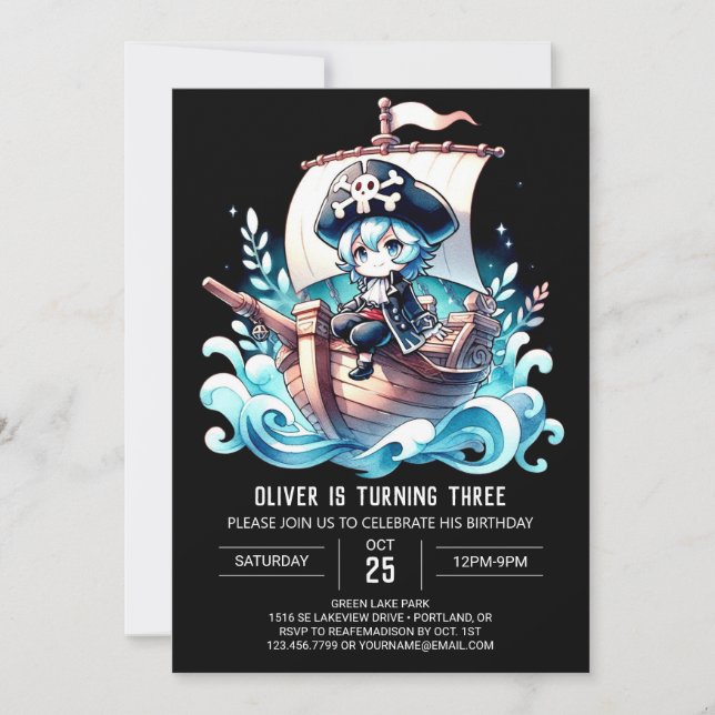 Convites Dreamcolor Watercolor Pirate Birthday (Frente)