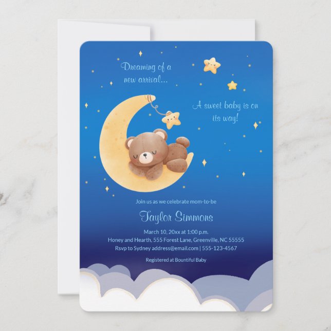 Convites Dreaming New Arrival Teddy Bear Moon (Frente)