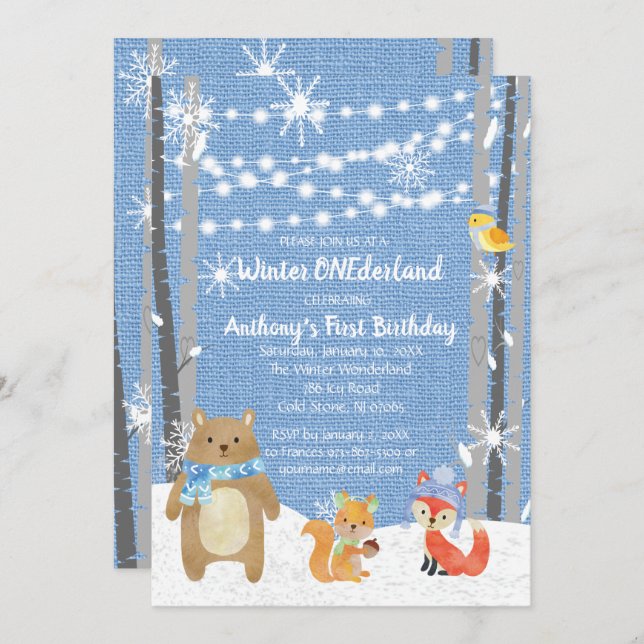 Convites Dreamland Woodland Forest Animais ONEderland Birth (Frente/Verso)