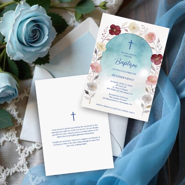 Convites Dreamy Blue Shades Floral Frame Arch Baptisme (Dreamy Digital Watercolor Blue Shades Floral Frame Arch Shape Baptism Invitation Cards. )