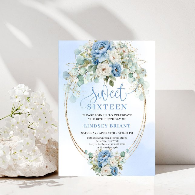 Convites Dreamy Bohemian Dusty Blue Floral Sweet 16 Invite (Dreamy Bohemian Dusty Blue Floral Sweet 16 Invite)