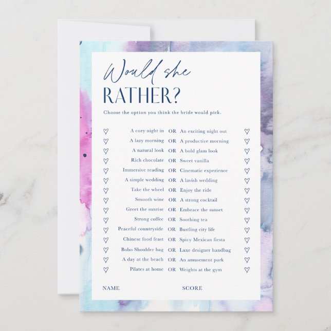 Convites Dreamy Bridal Shower Would She Rather Game Card (Frente)