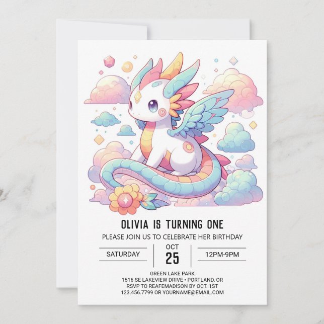 Convites Dreamy Cute Dragon primeiro aniversario (Frente)