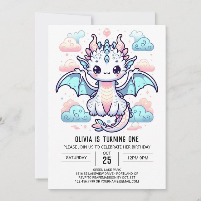 Convites Dreamy Dragon primeiro aniversario (Frente)