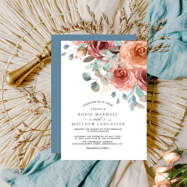 Convites Dreamy Dusty Blue Eethal Casamento Floral (Criador carregado)