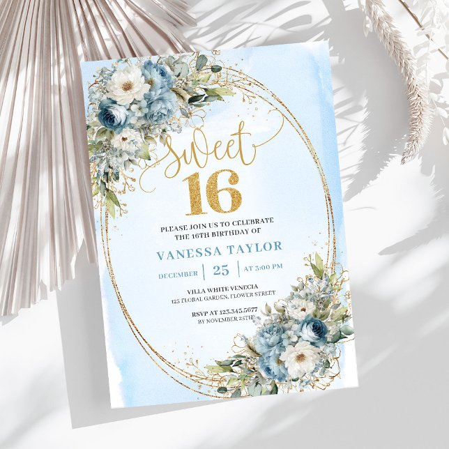 Convites Dreamy Dusty Blue Greenery Sweet 16th Birthday  (Dreamy Dusty Blue Greenery Sweet 16th Birthday Invite)