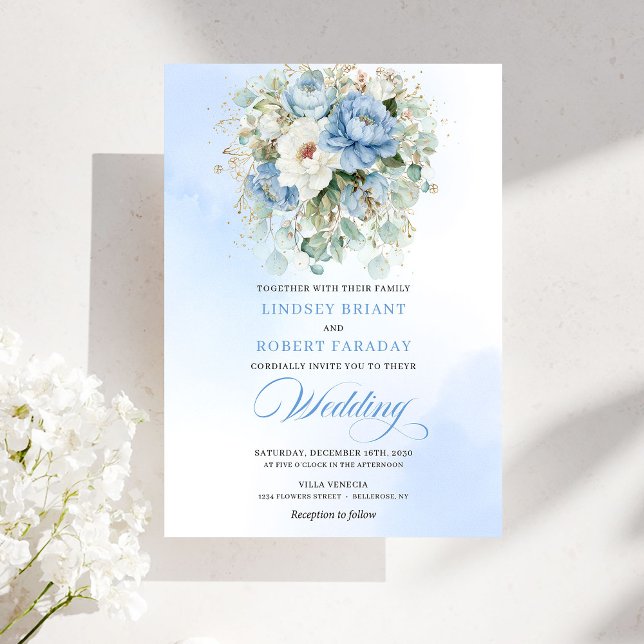 Convites Dreamy Dusty Blue Peony Gold Floral Wedding (Dreamy Dusty Blue Peony Gold Floral Wedding)