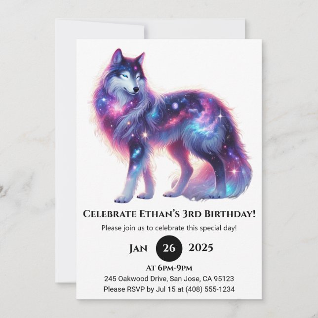 Convites Dreamy Galaxy Wolf Birthday (Frente)